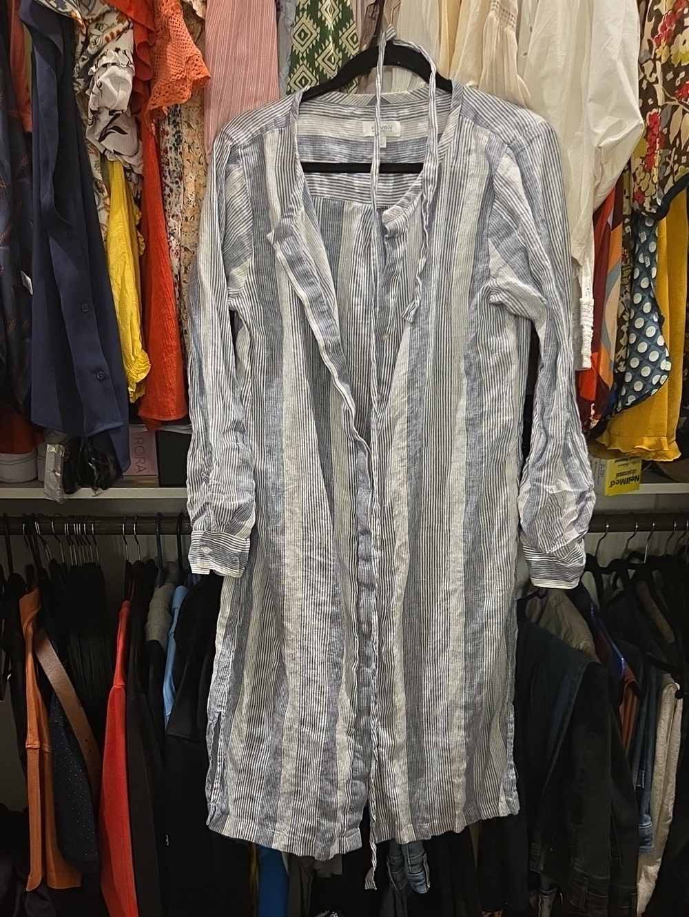 Striped Long Sleeve Midi Shirt Dress in Light Blue & White